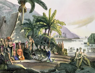 Incontro tra il gruppo di spedizione di Otto von Kotzebue e il re Kamehameha I, Isola di Ovayhi